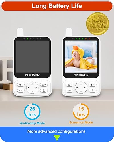 HelloBaby No WiFi Baby Monitor with Voice-Activated Night Vision,4' IPS Camera and Audio, 2-Way Talk and PTZ, 26H Battery and 1000ft Range, Portable for Nursery and Travel - Jamouz