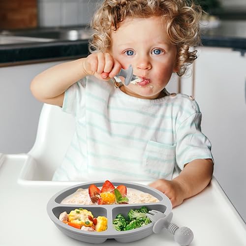 Silicone Feeding Set, 2 Pack Divided Toddler Plates with Suction, 2 Pack Utensils - Spoons & Forks, BPA Free, Baby Led Weaning Supplies - Jamouz