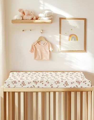 Changing Pad Cover for Baby Boy Girl 2 Pack, Muslin Changing Table Pad Covers with Boho Style, Neutral Nursery Bedding Essentials Soft and Breathable(Dusty Rose & Flower-A) - Jamouz