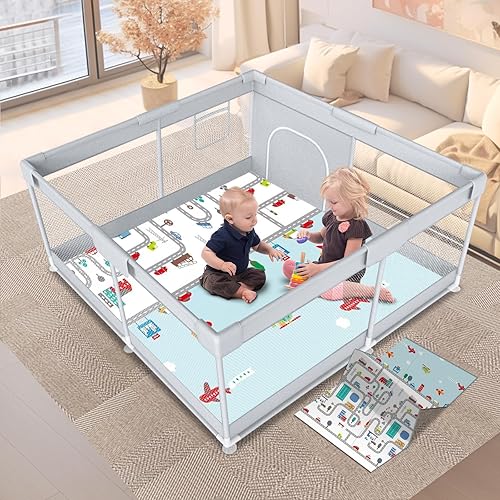 Baby Playpen with Mat 74x50 inch, Playpen for Babies and Toddlers, Baby Play Pen Design with External Zipper Gate, Baby Play Yard with Non-Slip Suction Cups on The Bottom, Baby Fence, Grey - Jamouz
