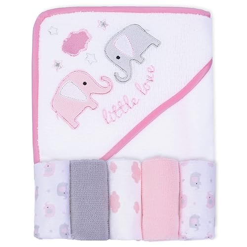 Viviland Baby Towels and Washcloths, Soft Absorbent Pink Baby Bath Towel Set, Elephant Hooded Towels with 5 Infant Face Washcloths (6 Pieces) - Jamouz