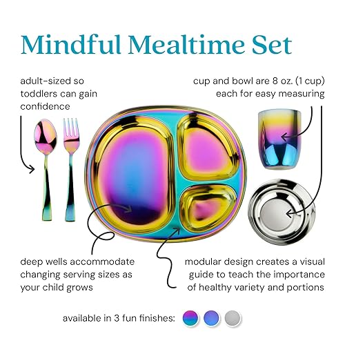 Ahimsa Stainless Steel Kids Dinnerware Set - 5 Piece Stainless Steel Toddler Plates and Bowls Set, Pediatrician Designed, Non Toxic Toddler Plate and Bowl, Kids Utensils and Cup (Rainbow) - Jamouz