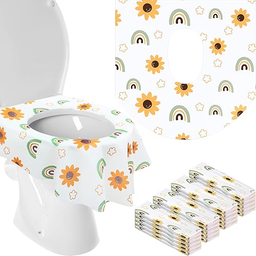 50 Pack Toilet Seat Covers Disposable Large Waterproof Toilet Covers for Toddlers Kids Adult Individually Wrapped Portable for Travel Toddler Potty Training for Public Restroom Trip(Flowers, Rainbow) - Jamouz