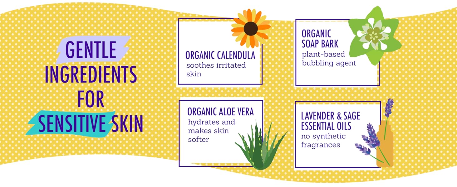 Gentle ingredients for Sensitive Skin. Including: organic calendula, aloe vera, and soap bark.