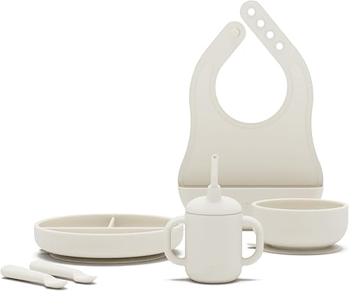 Lalo First Bites Silicone Baby Feeding Set - Baby Led Weaning Supplies - Non-Toxic Silicone - Includes 2 Bibs, 2 Spoons, Training Cup, Suction Plate and Bowl - 6 Pieces - Sage - Jamouz