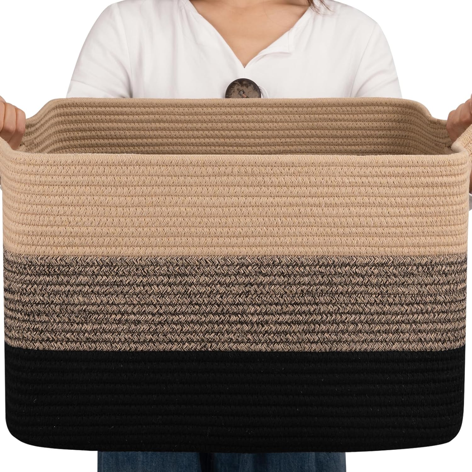 OIAHOMY Large Blanket Basket, Rectangle Woven Baskets for Storage, Nursery Blanket Basket Living Room, Toy Basket With Handle, Large Baskets for Organizing-22”x17”x12”-Gradient Yellow - Jamouz