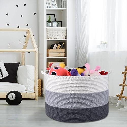 COMSE Extra Large Blanket Basket, Storage Basket, Laundry Basket, 21.7”x 13.8”, Laundry Hamper, Cotton Rope Basket, Blanket Basket Living Room, Toy Basket (White & Cadet Blue & Navy Blue) - Jamouz