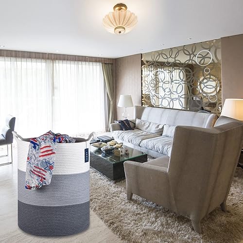 COMSE Extra Large Blanket Basket, High Storage Basket, Tall Rope Laundry Basket, 15.7”x 21.7”, Cotton Rope Basket, XXXL Laundry Basket, Toy Basket, Clothes Baskets,White/Cadet Blue/Navy Blue - Jamouz