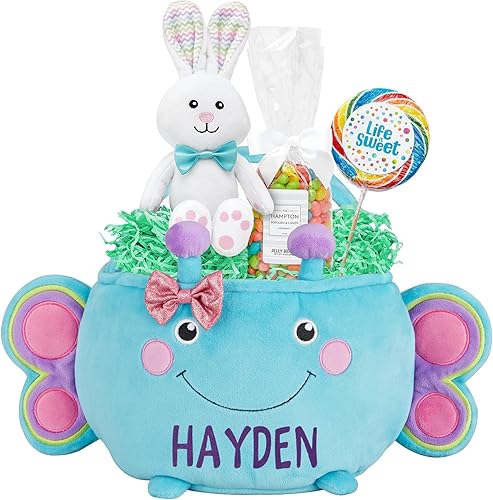 Let's Make Memories Personalized Easter Basket for Kids - Plush Furry Critter - For Boys and Girls - Custom Name - Fillable - With Optional Easter Basket Stuffers - Blue Bunny - Jamouz