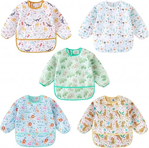 Long Sleeved Bibs, Pack of 5,Lightweight Waterproof Shirt Bibs for Baby Toddler 6-30 Months - Jamouz