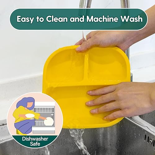 BABELIO Powerful Suction Plates for Baby and Toddler, 100% Food Grand Silicone, Divided, BPA Free, Microwave & Dishwasher Safe, Stay Put, 3 Pack - Jamouz