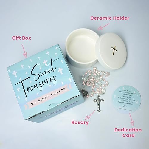 Sweet Treasures Gift – Baptism Gifts for Boys, First Rosary with Ceramic Keepsake Box and Card, Catholic Communion Gift, Christening and Baby Shower Rosary Beads, Blue - Jamouz