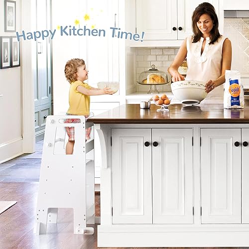Toddler Kitchen Step Stool Helper with Safety Rails, Adjustable Height Toddler Standing Tower for Bathroom, Kitchen Counter, Bedroom (White) - Jamouz