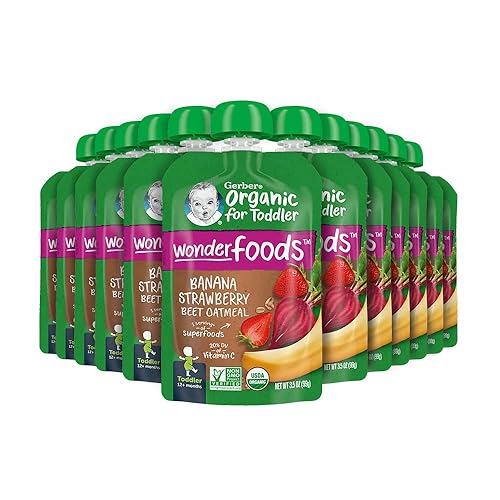 Gerber Organic Baby Food Pouches, Toddler, Banana Raspberry Yogurt Vanilla, 3.5 Ounce (Pack of 12) - Jamouz
