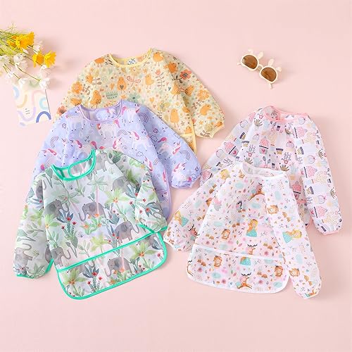 Long Sleeved Bibs, Pack of 5,Lightweight Waterproof Shirt Bibs for Baby Toddler 6-30 Months - Jamouz