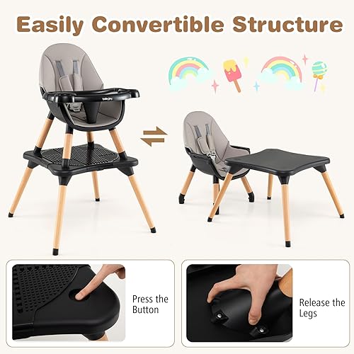 BABY JOY 5 in 1 High Chair, Convertible High Chairs for Babies and Toddlers/Booster Seat/Table and Chair Set, Infant Wooden Highchair w/ 5-Point Harness, 4-Position Removable Tray & PU Cushion, Coffee - Jamouz