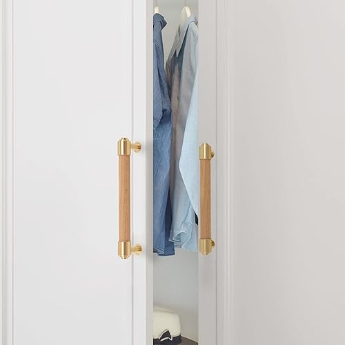 Modern Mid Century Brass and Wood Cabinet Pulls 3 Inch Center to Center Hole 4Pack Kitchen Drawer Handle Unfinished Dresser Knob for Closet Cupboard Wardrobe Brushed Finish - Jamouz
