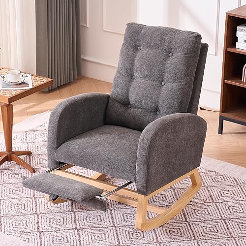 Nursery Rocking Chair with Retractable Foot Rest Glider Rocker Accent Chair Padded Seat with High Backrest Armchair Comfy Side Chair for Living Room Bedroom Offices (Gray) - Jamouz
