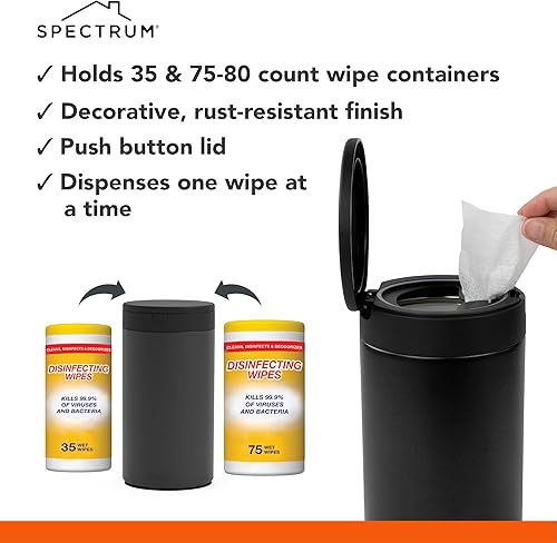 Spectrum Disinfecting Wipes Container with Push Button Lid - Refillable Dispenser for Bathroom, Kitchen, Classroom, Countertop, & Home - Stainless Steel & Rust-Resistant Disinfectant Wipes Holder - Jamouz