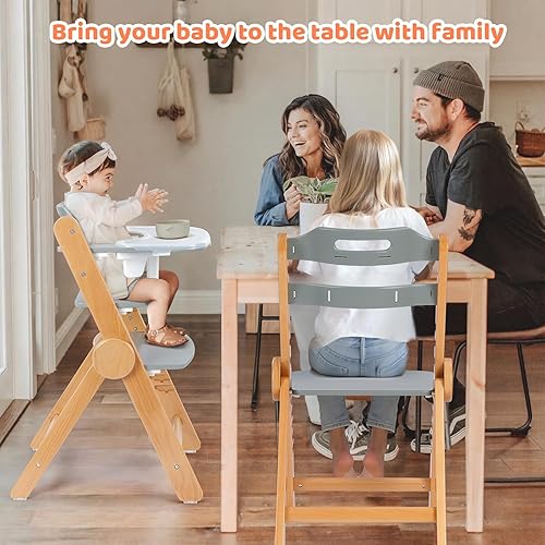 Ezebaby Wooden High Chair Grow with Your Child, Foldable Baby High Chair with Adjustable Seat and Footrest Heights, High Chair for Babies and Toddlers with Cushion and Large Double Layer Tray(White) - Jamouz