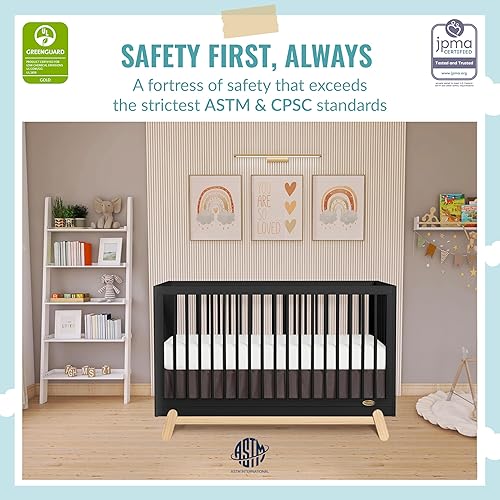Hygge 5-in-1 Convertible Crib in Weathered Vintage Oak, JPMA & Greenguard Gold Certified, Made of Sustainable Pinewood, Easy to Clean, Safe Wooden Nursery Furniture - Jamouz