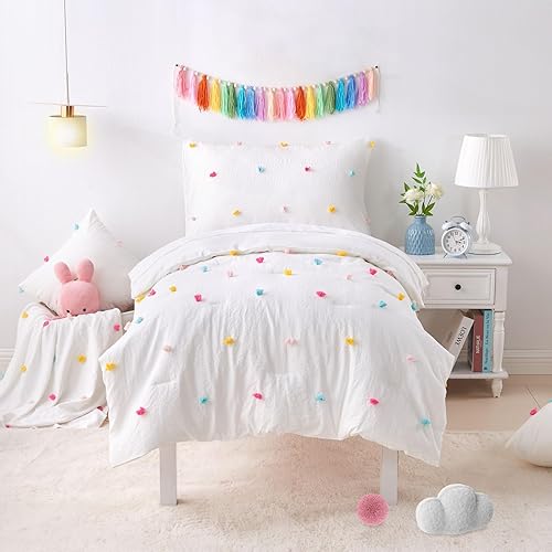 4 Piece White Boho Toddler Bedding Sets for Girls Colorful Pom Pom Comforter Set Jacquard Tufted Dot Crib Bed Sheets Set for Baby Bed in a Bag, Include Comforter, Flat Sheet, Fitted Sheet, Pillowcase - Jamouz