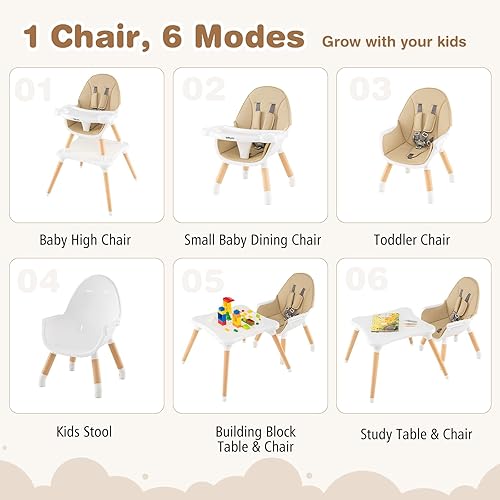BABY JOY 5 in 1 High Chair, Convertible High Chairs for Babies and Toddlers/Booster Seat/Table and Chair Set, Infant Wooden Highchair w/ 5-Point Harness, 4-Position Removable Tray & PU Cushion, Coffee - Jamouz
