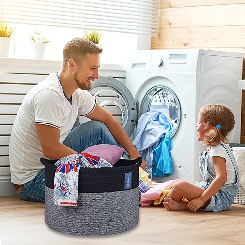 COMSE Extra Large Blanket Basket, Storage Basket, Laundry Basket, 21.7”x 13.8”, Laundry Hamper, Cotton Rope Basket, Blanket Basket Living Room, Toy Basket (White & Cadet Blue & Navy Blue) - Jamouz