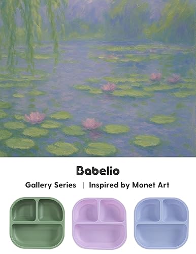 BABELIO Powerful Suction Plates for Baby and Toddler, 100% Food Grand Silicone, Divided, BPA Free, Microwave & Dishwasher Safe, Stay Put, 3 Pack - Jamouz