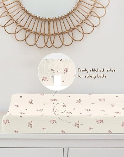 Changing Pad Cover for Baby Boy Girl 2 Pack, Muslin Changing Table Pad Covers with Boho Style, Neutral Nursery Bedding Essentials Soft and Breathable(Dusty Rose & Flower-A) - Jamouz