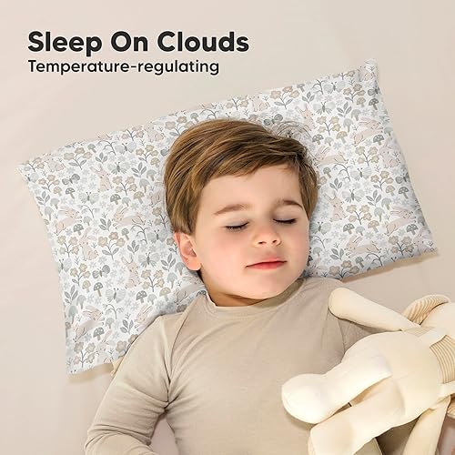 Toddler Pillow with Pillowcase - 13x18 My Little Cuddly Pillow, Viscose Derived From Bamboo Nursery Toddler Pillows for Sleeping,Kids Pillow,Small Travel Pillows,Mini Toddler Bed Pillow (Meadow) - Jamouz