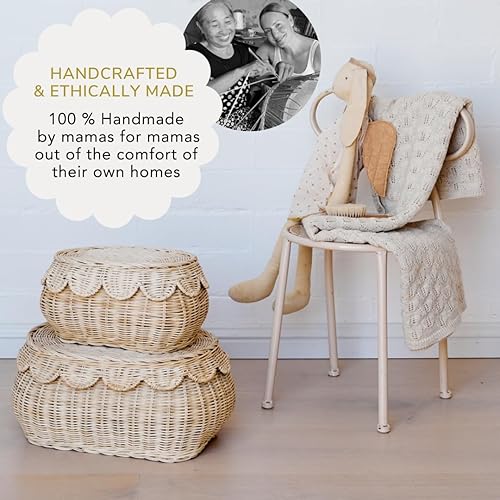 The Original Scalloped Basket Set Of 2 - Small Scallop Basket - 15 x 10 x 6 In - Hand-Woven & Award-Winning - Elegant Wicker With Scalloped Edge Lid - Nursery Storage - (Mocca) - Jamouz