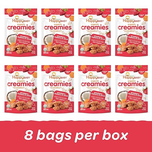 Happy Baby Organics Creamies Freeze-Dried Veggie & Fruit Snacks with Coconut Milk Strawberry Raspberry & Carrot, 1 Ounce (Pack of 8) - Jamouz