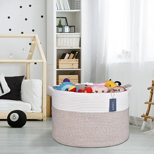 COMSE Extra Large Blanket Basket, Storage Basket, Laundry Basket, 21.7”x 13.8”, Laundry Hamper, Cotton Rope Basket, Blanket Basket Living Room, Toy Basket (White & Cadet Blue & Navy Blue) - Jamouz