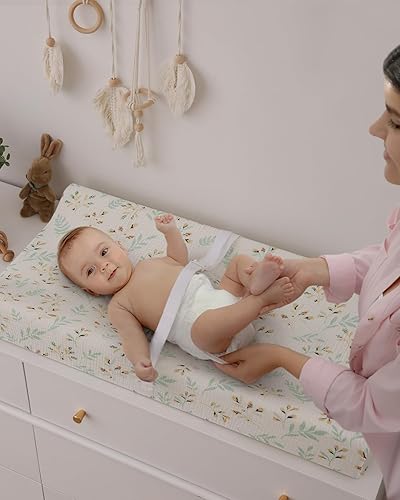 Blissful Diary Muslin Changing Pad Cover for Girls Boys, Ultra Soft Breathable Cotton, Baby Diaper Change Table Pad Covers, 2Pack (Roman Green&Leaf) - Jamouz