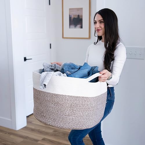 Little Hippo XXXL Large Cotton Rope Basket (22'x14') 100% Natural Cotton! Rope Basket, Woven Storage Basket, Large Basket, Blanket Basket Living Room, Toy Basket, Pillow Basket (White & Brown) - Jamouz