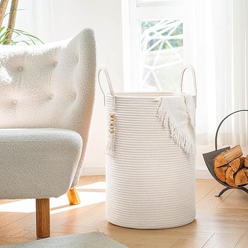 Goodpick Tall Wicker Laundry Basket with Handles, Boho Decorative Storage Basket for Living Room, Bedroom, Entryway, Bathroom, Large Woven Blanket Basket for Pillows, Towels, Shoes, Jute, 16' x 20' - Jamouz