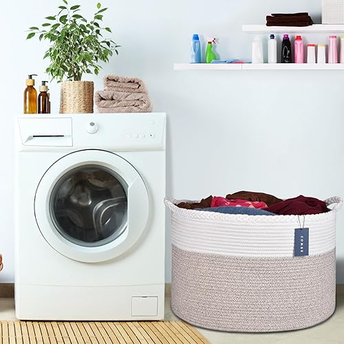 COMSE Extra Large Blanket Basket, Storage Basket, Laundry Basket, 21.7”x 13.8”, Laundry Hamper, Cotton Rope Basket, Blanket Basket Living Room, Toy Basket (White & Cadet Blue & Navy Blue) - Jamouz