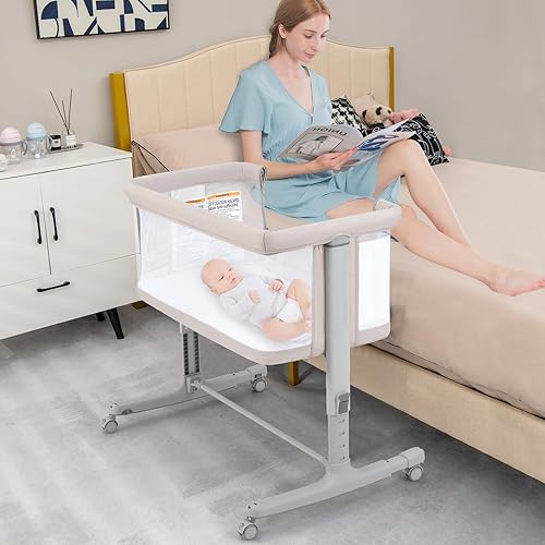 INFANS 3 in 1 Baby Bassinet, Bedside Sleeper for Newborn, Folding Crib with Mattress, Travel Bag, Wheels, 4-Sided Mesh, Easy to Assemble Cradle Co Sleeper Stationary, Rock (Dark Grey) - Jamouz