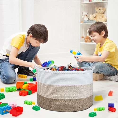 COMSE Extra Large Blanket Basket, Storage Basket, Laundry Basket, 21.7”x 13.8”, Laundry Hamper, Cotton Rope Basket, Blanket Basket Living Room, Toy Basket (White & Cadet Blue & Navy Blue) - Jamouz