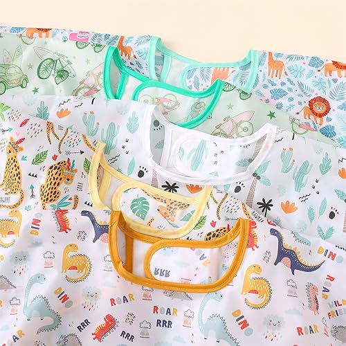 Long Sleeved Bibs, Pack of 5,Lightweight Waterproof Shirt Bibs for Baby Toddler 6-30 Months - Jamouz