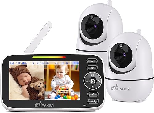 iFamily Split Screen Baby Monitor, Large Display Video Baby Monitor with 2 Cameras and Audio, Long Range, Remote pan tilt, Night Vision, Temperature Sensor, 2 Way Talk, Feeding Clock and lullabies. - Jamouz