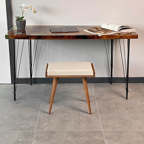 Walnut Ottoman Stool for Living Room | Upholstered in Crowbar Pattern Fabric | Versatile as a Piano Bench | Ideal Bedroom Bench | Functional Footstool Bench - Jamouz