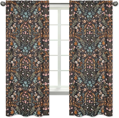 Sweet Jojo Designs Boho Wildflower Vintage Floral Girl Window Curtains Treatments Panels Baby Nursery Kids Bedroom Kitchen Room - Set of 2 - Black Orange Teal Bohemian Farmhouse Botanical Cottagecore - Jamouz