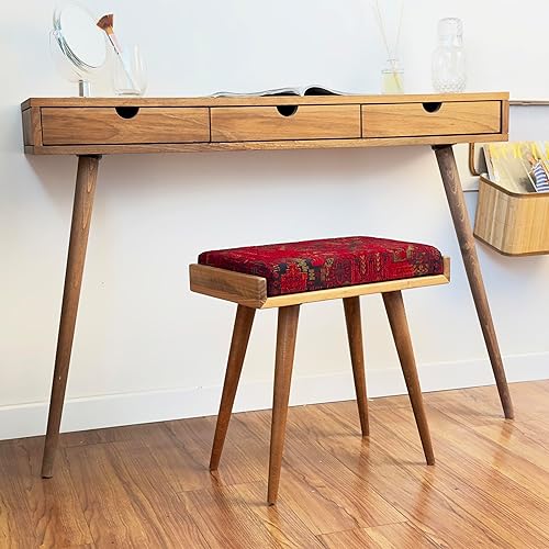 Walnut Ottoman Stool for Living Room | Upholstered in Crowbar Pattern Fabric | Versatile as a Piano Bench | Ideal Bedroom Bench | Functional Footstool Bench - Jamouz