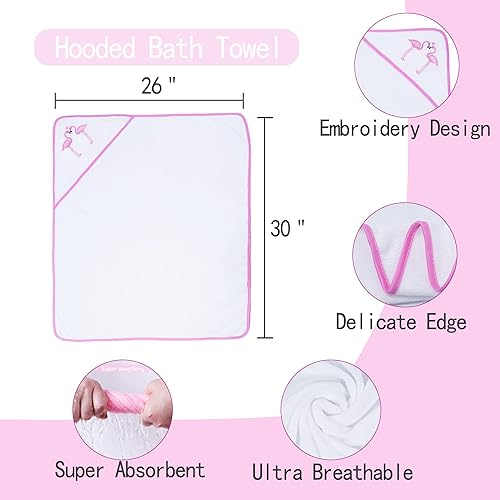 Viviland Baby Towels and Washcloths, Soft Absorbent Pink Baby Bath Towel Set, Elephant Hooded Towels with 5 Infant Face Washcloths (6 Pieces) - Jamouz
