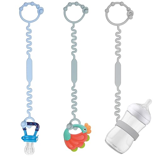 Toy Straps, Pacifier Holder Clip with Self-Adjusting Bayonet, Pure Silicone Material Without BPA; Can Be Used for Teethers, Feeding Bottles, Toys, Baby Cribs, High Chairs(Blue-3ps) - Jamouz
