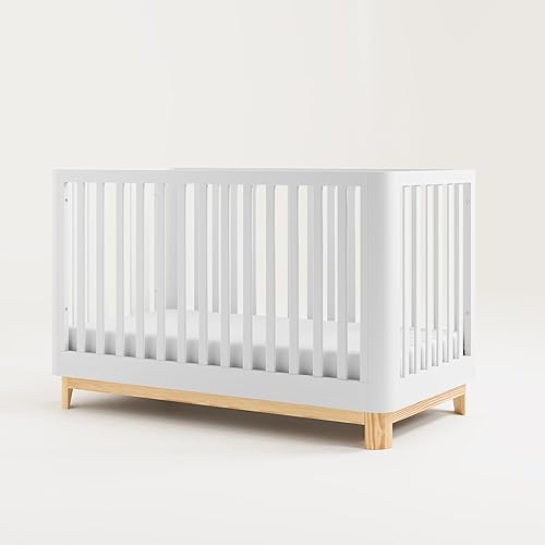 Storkcraft Santos 3-in-1 Convertible Crib (White with Natural) – GREENGUARD Gold Certified, Fits Standard Crib Mattress, Converts to Toddler Bed, Modern Style, Rounded Designer Details - Jamouz