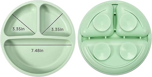 PandaEar Silicone Baby Feeding Set| 2 Pack Silicone Divided Suction Plate and 2 Pack Tiny Cup with 2 Spoons 2 Forks| Baby Led Weaning Supplies Self Feeding Eating Utensils (Light Blue/Light Green) - Jamouz