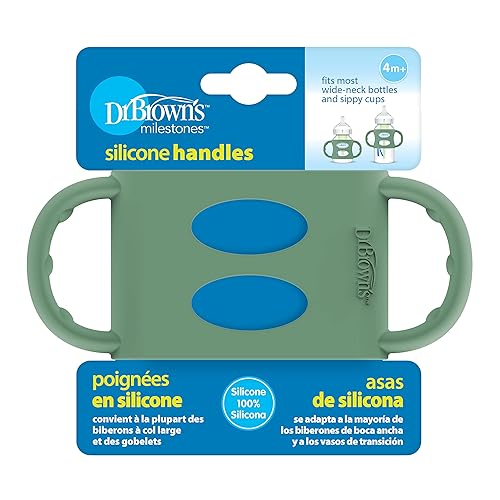 Dr. Brown's Milestones 100% Silicone Baby Bottle Handles, Wide-Neck, Removable Easy-Grip Transitional Sippy Cup Handles, Light Blue, Green, Gray, 4m+, 3 Pack - Jamouz
